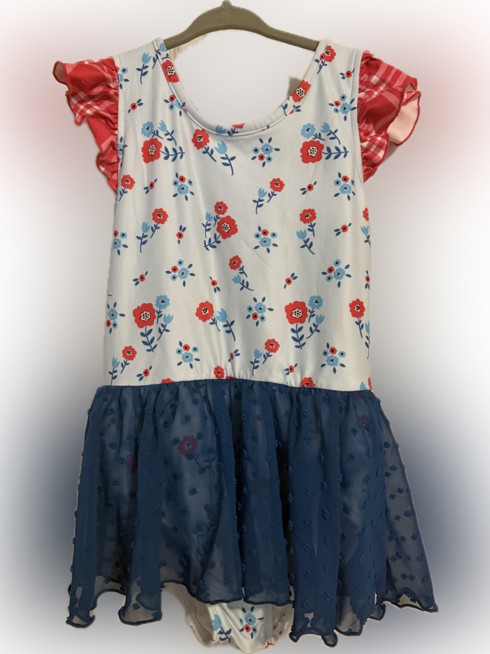 cheeky plum White Floral Dress with Red Ruffle Sleeves & Blue Skirt
